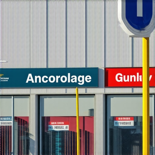 Anchorage Cityscape with Business Signage Anchorage cityscape showing storefronts and local signage.