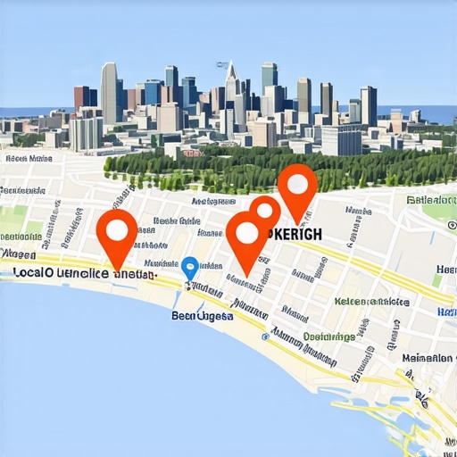 Anchorage city with landmarks and digital SEO map overlay