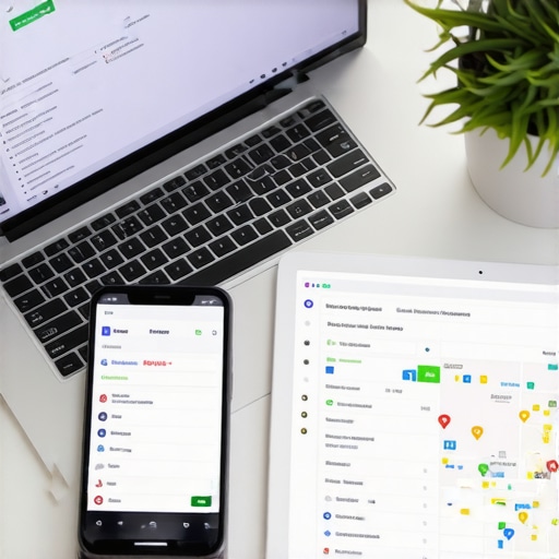 Workspace with devices showing local SEO and review management tools.