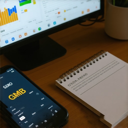 SEO tools dashboard, smartphone with GMB profile, workspace for local SEO management
