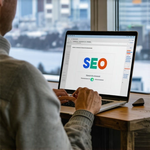 A person analyzing local SEO metrics on a laptop with scenic Anchorage skyline.