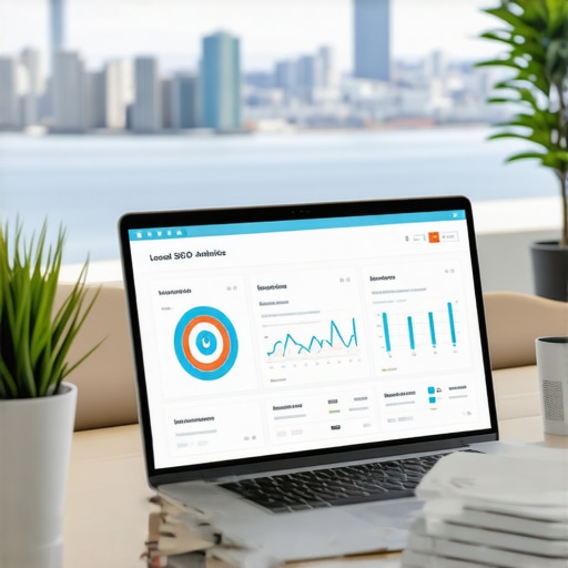 Laptop displaying local SEO analytics with Anchorage city skyline on screen, surrounded by digital marketing tools on desk.