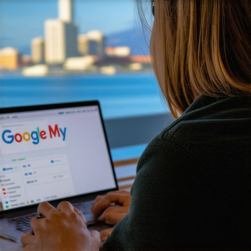 Anchorage business owner updating their Google My Business profile on a laptop with city scenery behind.