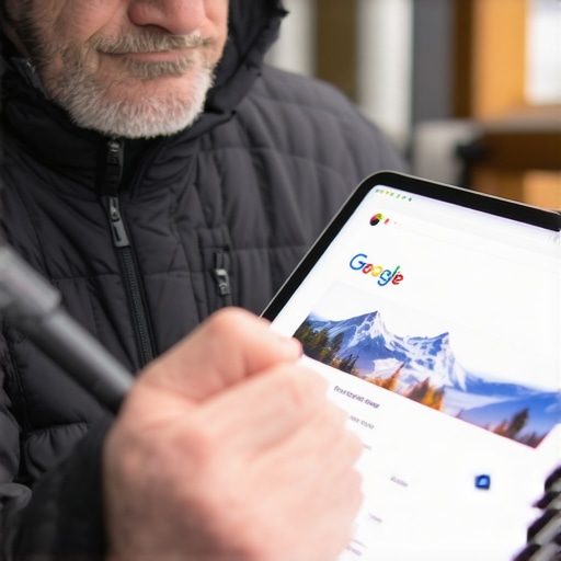 Anchorage Shop Owner Optimizing GMB Profile Shop owner in Anchorage updating Google My Business profile on tablet with Alaska scenery.