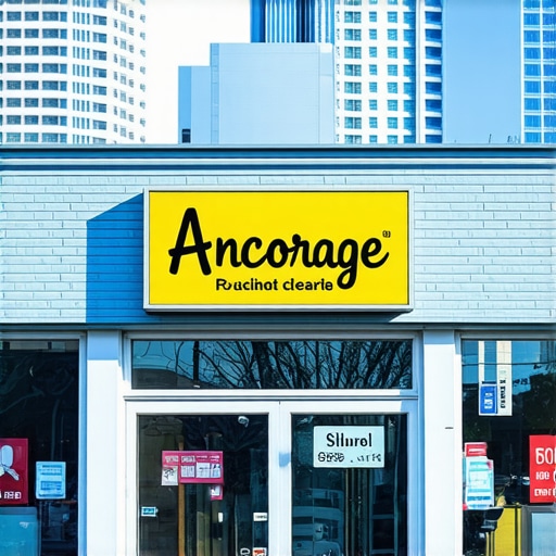 Colorful storefront in downtown Anchorage with cityscape background