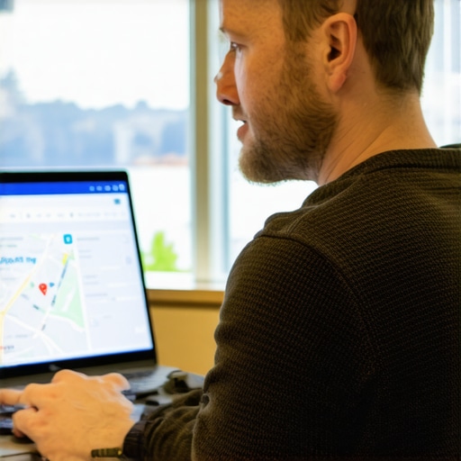 Optimizing Anchorage GMB Profile Anchorage business owner updating GMB profile on computer with Anchorage map in background.