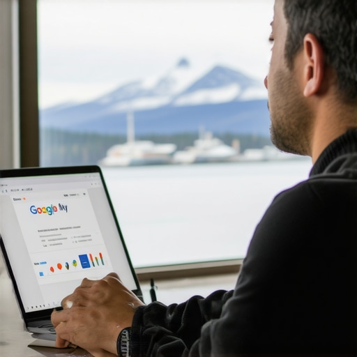 Business owner updating a Google My Business profile in Anchorage with mountain view