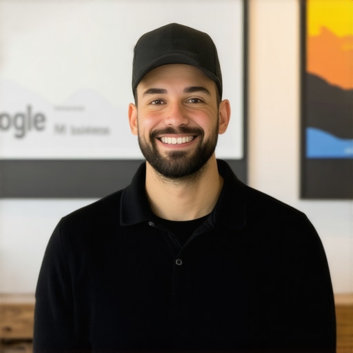 Business owner updating Google My Business profile with new photos and keywords