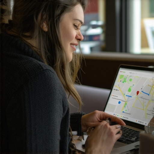 Business owner updating their Anchorage Google My Business profile on a laptop with maps in the background.