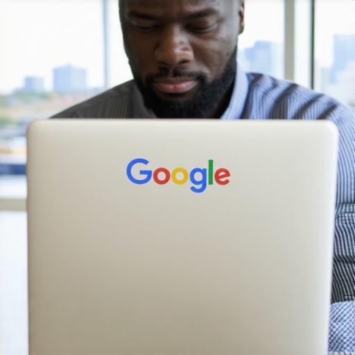Business owner updating Google My Business profile with Anchorage cityscape in background.