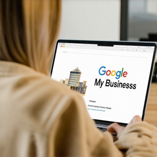 Person editing Google My Business profile on laptop with Anchorage landmark background