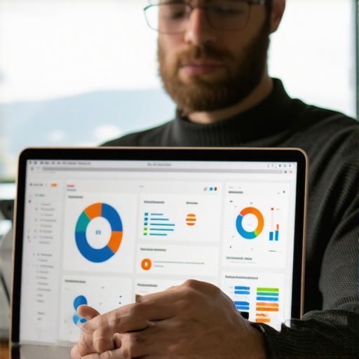 Using SEO Tools for Anchorage Business Business owner analyzing SEO data on a laptop, with Anchorage cityscape in the background.