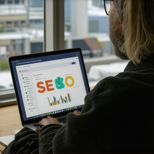 A person managing local SEO tools on a laptop with Anchorage skyline in the background.