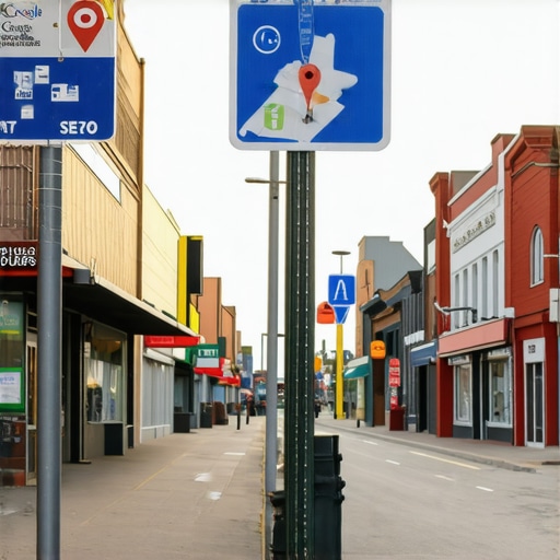 Street view of Anchorage shops with Google Maps location pins and digital signage.