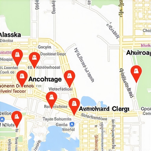 Digital map showing Anchorage with markers for local businesses to illustrate local SEO mapping strategies.