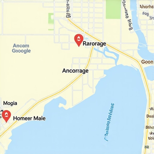 Map of Anchorage with highlighted local businesses and Google Maps interface.