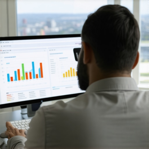 Business owner reviewing SEO analytics with Anchorage skyline in the background.