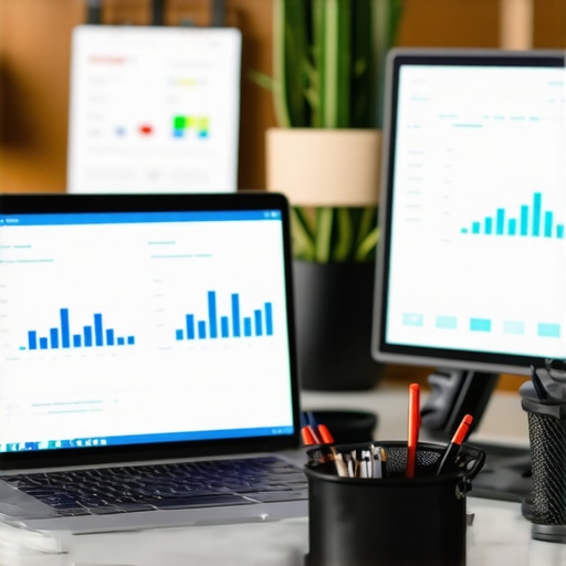A workspace showing SEO analytics charts on a laptop screen, representing local SEO tools in action