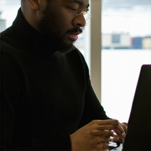 Anchorage shop owner editing Google My Business profile on a laptop with city view.