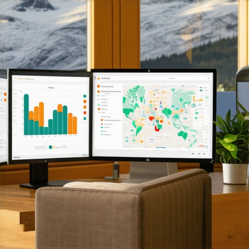 Workstation showing SEO analytics and Google Maps with Alaska landscape in background
