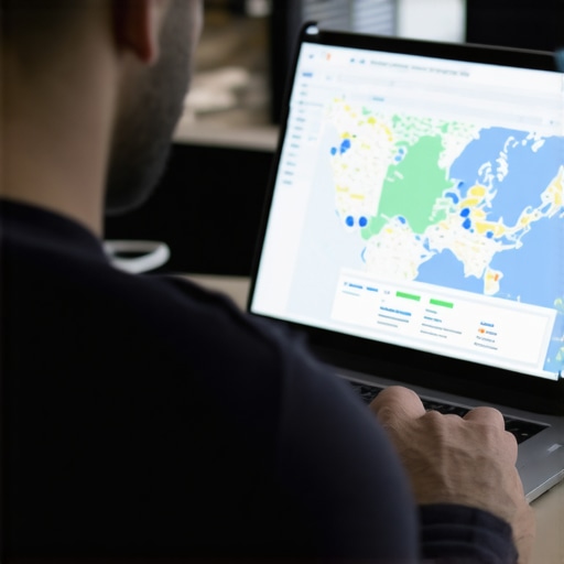 Person using SEO software on a laptop with Anchorage maps and analytics displayed.